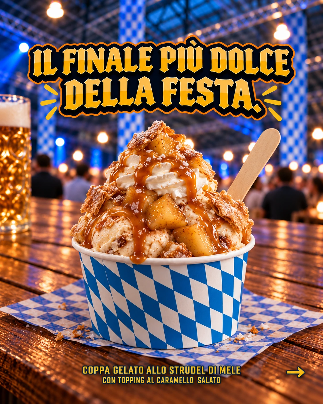 Gelato allo strudel di mele con topping al caramello salato